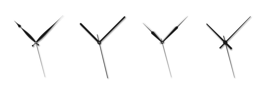 Set of realistic clock hands in minimalist style. Classic analog watch arrows with hour, minute, and second hands on a white background. Modern clock pointer collection for clock face design. Vector