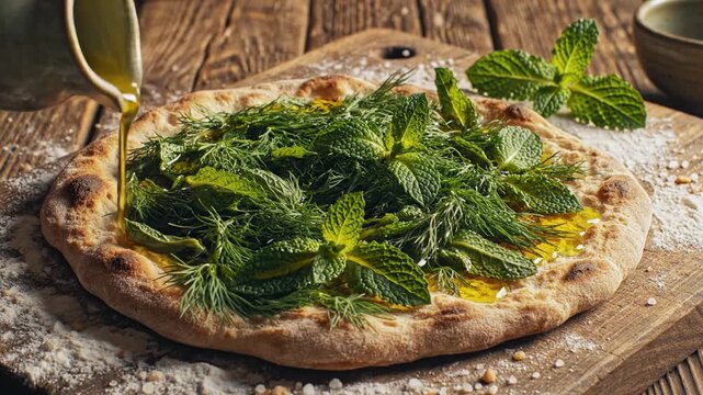Fresh herbs on flatbread, olive oil pouring