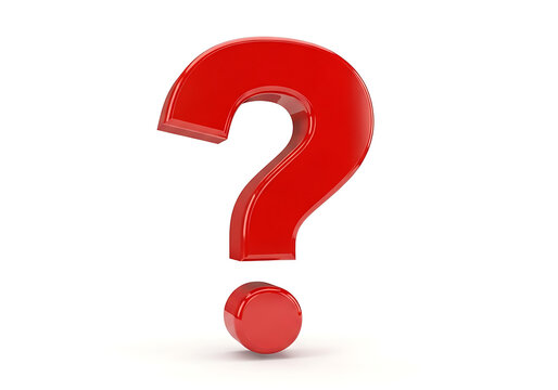 A large red question mark stands upright with a smaller ball below it on a plain surface
