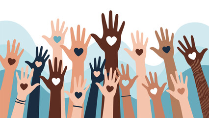 Diverse hands of different skin tones reaching up with heart symbols representing love, charity, and social support.