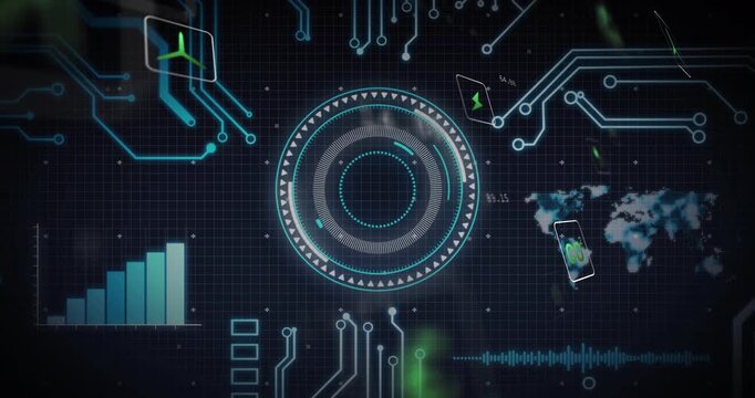 Neon-blue circuits activating HUD rotating-pulsing icons drifting to map bars rising showing data