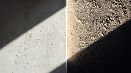 smooth light stone surface, half in sunlight and half in shadow, minimal composition, clean modern aesthetic, muted neutral tones, soft natural daylight, strong but simple light contrast,