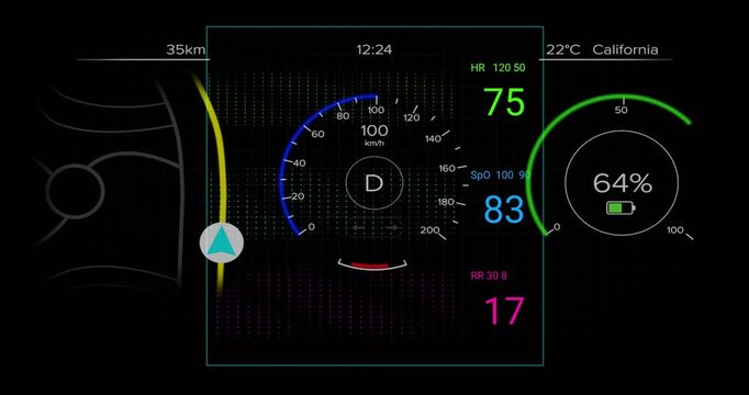 Central neon HUD waypoint appearing, showing rising then falling speed and vitals, battery 64%