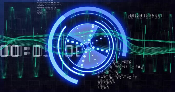 Left counter starting central ring HUD rotating pulsing nodes oscillating waveform showing status
