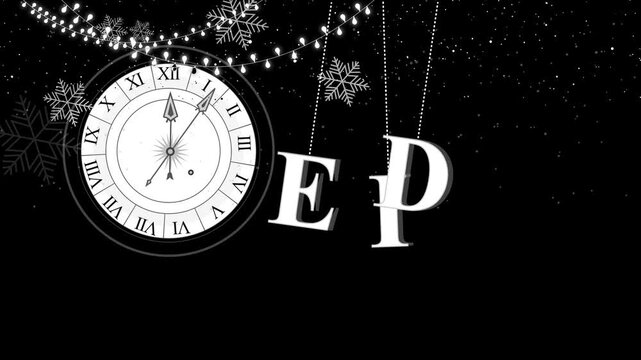 Vintage clock and Eid snowflakes on midnight background animation