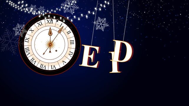 Vintage clock and Eid snowflakes on midnight background animation