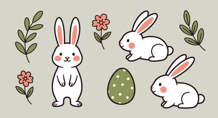 Obraz premium A collection of cute rabbits and easter egg in flat cartoon style with flowers and leaves, perfect for spring-themed designs