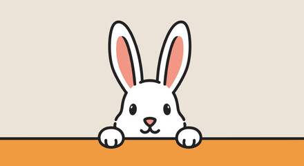 Obraz premium A cute bunny rabbit peeking over a table in flat minimalist vector style, perfect for children's illustrations and spring themes