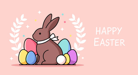 A cute rabbit with Easter eggs in colorful vector style on a pastel background, perfect for holiday greetings and decorations © vadymstock