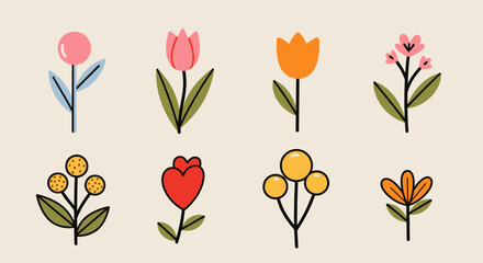 A set of colorful flower illustrations in flat modern vector style, perfect for spring-themed designs and creative projects
