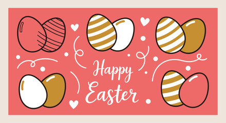 A collection of decorative Easter eggs with various patterns and designs on a red background in a modern vector style, perfect for greeting cards and festive decorations