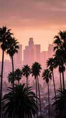 los angeles skyline silhouette with palm trees in pink sunset light