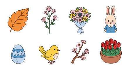 Fototapeta premium A collection of spring-themed illustrations featuring a leaf, flowers, a bird, a bunny, an Easter egg, and tulips in colorful vector style, perfect for seasonal designs and decorations