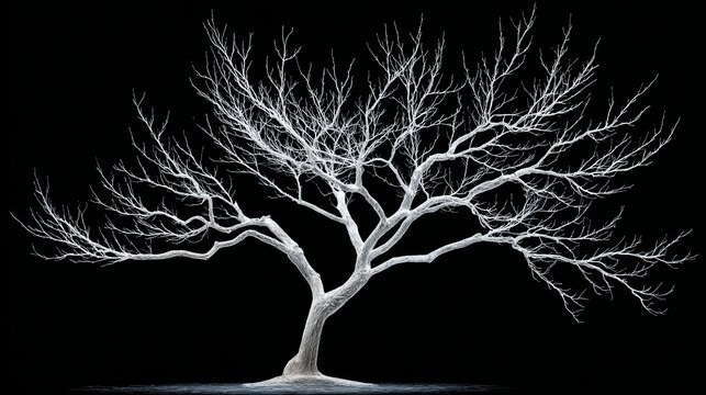 Tree with no leaves is shown in a black and white photo. The tree is bare and has no foliage