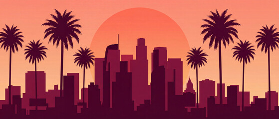 stylized los angeles skyline illustration with palm trees and sunset