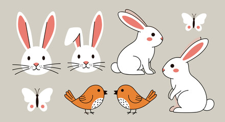 A collection of cute rabbits, birds, and butterflies in colorful flat vector style, perfect for spring-themed designs
