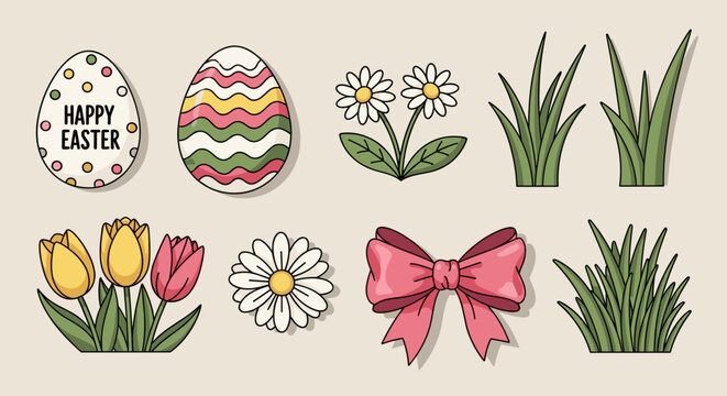 A collection of Easter-themed elements including colorful eggs, flowers, and grass in a playful vector style, perfect for seasonal decorations