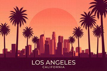los angeles skyline illustration with large sun and palm silhouettes