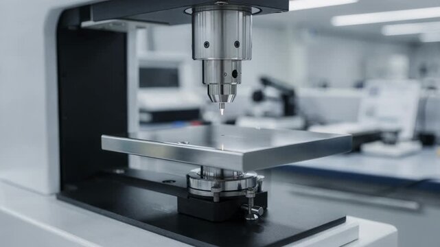Steel specimen sharply focused on an advanced hardness tester in a spotless lab setting with background elements intentionally defocused for contrast.