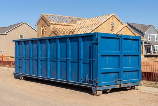 Large blue roll-off dumpster at a residential construction site