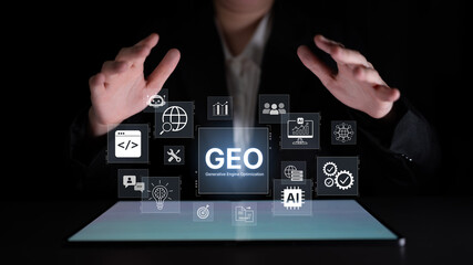 Fototapeta premium Digital marketing concept featuring GEO strategy, optimizing content for AI search engines and large language models. Evolution of SEO, brand authority, and AI citation visibility. Corpus