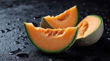 Freshly sliced cantaloupe on dark wet surface.