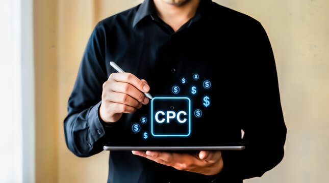 Businessman using digital tablet with cpc icon and dollar symbols on a dark background in office