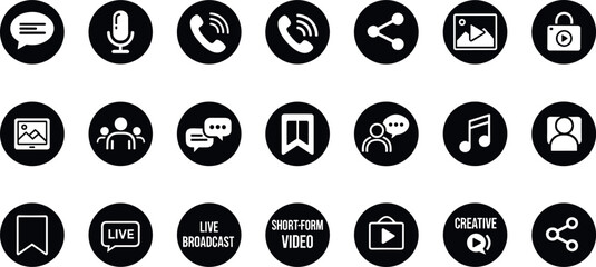 Social Media and Communication Icon Set with Chat, Call, Share, Live Stream, Video, Music, and User Interaction Symbols for Apps and Digital Platforms