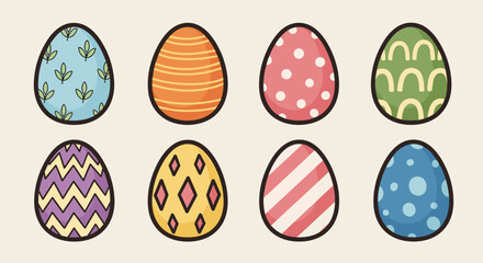 A collection of colorful decorated Easter eggs in playful vector style, perfect for spring holiday designs and celebrations