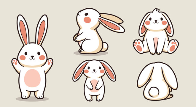 A collection of cute cartoon rabbits in various poses and expressions in flat vector style, ideal for children's products and design