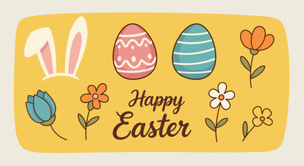 A colorful Easter greeting featuring decorated eggs, a bunny, and flowers in a flat vector style, perfect for spring celebrations