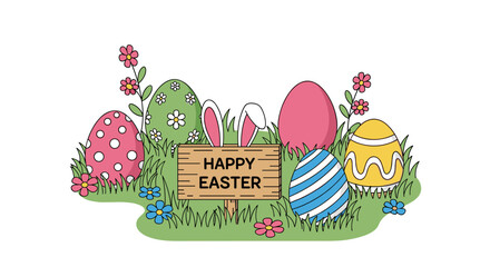 A cheerful illustration of colorful Easter eggs, flowers, and a bunny behind a 'Happy Easter' sign in a playful vector style, perfect for seasonal greeting cards