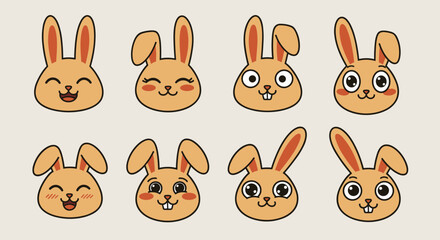Fototapeta premium A set of cute rabbit face emoticons in colorful flat vector style, perfect for children's designs and playful projects