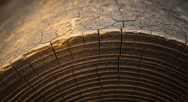 Close-up of old tree trunk cross-section, showing annual growth rings and cracked bark texture. A natural detail shot highlighting time and organic patterns