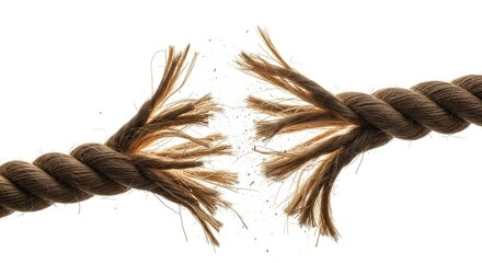 Close up of a brown rope torn in half against a white background