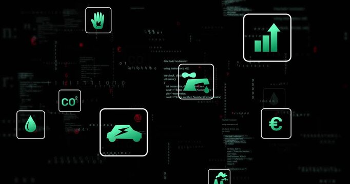 Code panels scrolling, pushing green EV and CO2 icons in rounded frames drifting, showing metrics