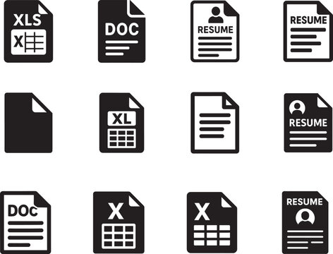 Set of 12 file icons with excel, document, resume formats, simple clean vector illustration .