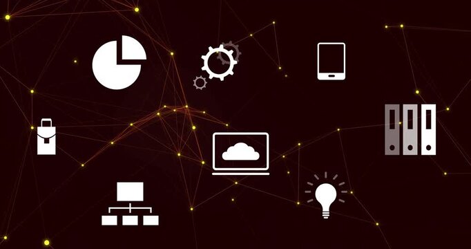 Cluster of icons pulsing and shifting as yellow nodes brightening along lines, visualizing network