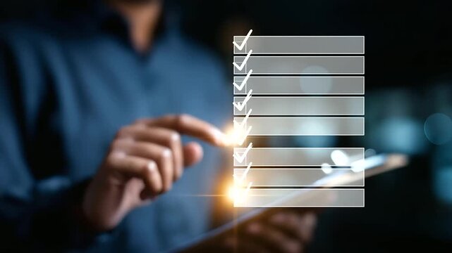 Faceless man's finger touching digital interface with checkmarks heavily defocused background anonymous hand with clipboard icons representing tasks completion visualization pro