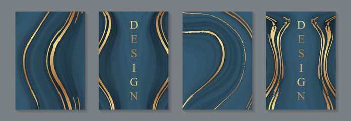 Luxury blue liquid marble backgrounds with golden waves for wedding invitations or greeting cards or business. © Anna R