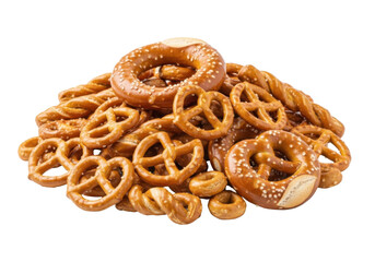A delightful assortment of golden brown pretzels scattered on a white background isolated on transparent background