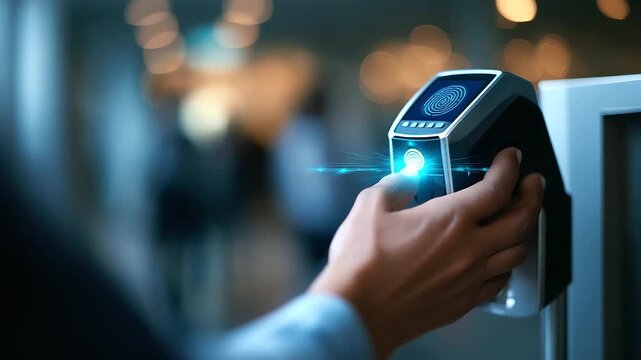 High tech biometric fingerprint scanner with glowing blue interface heavily defocused background capturing person's identity for secure authentication advanced technology data