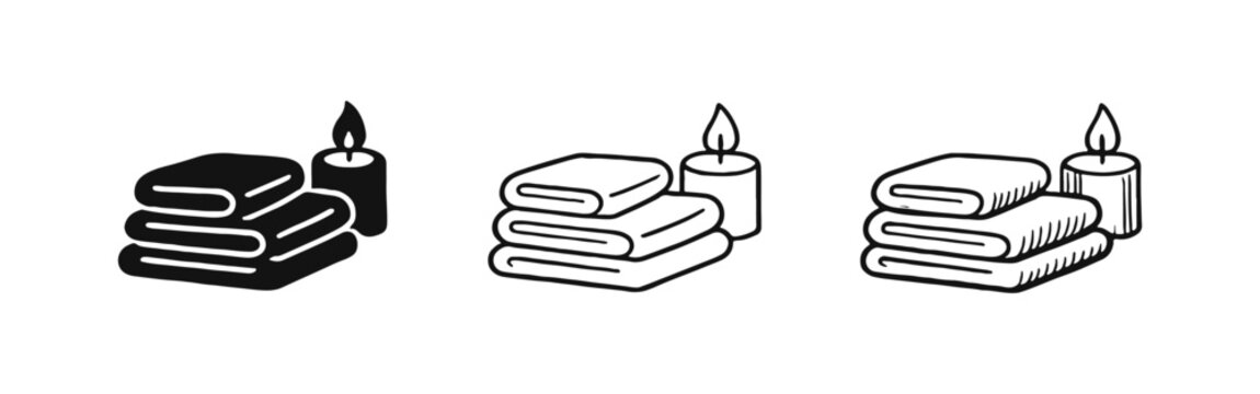 Spa and Wellness Icon Set. Stack of Soft Towels with Lit Candle Vector Illustration.