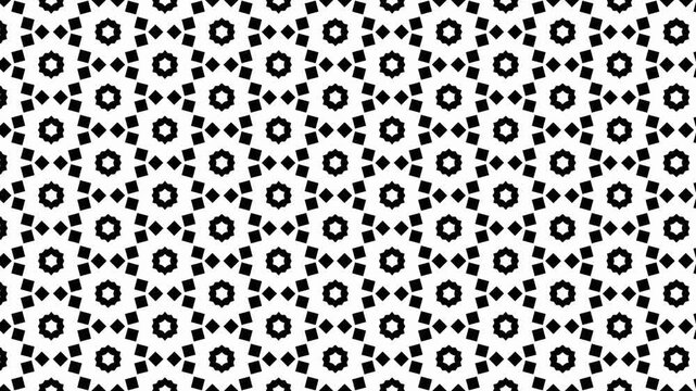 Seamless black and white geometric pattern with repeating shapes and floral motifs decorative background texture