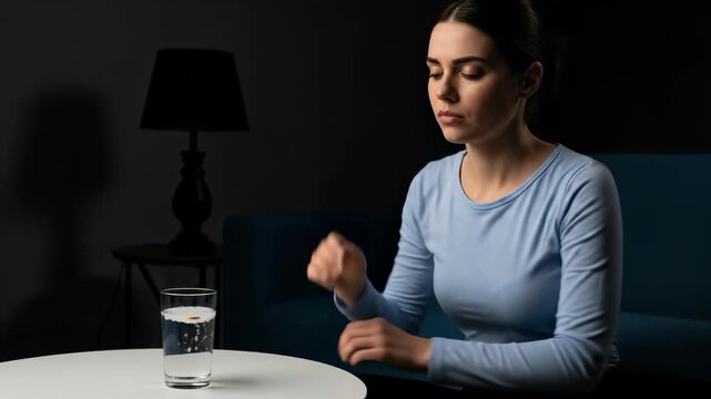 Woman experiencing low blood pressure, arterial hypotension, feeling dizzy, unwell, seeking relief with an effervescent tablet in a dim room, chronic medical condition