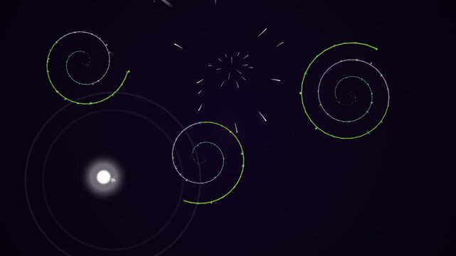 Abstract Neon Particle Spirals and Dynamic HUD Elements on Dark Background