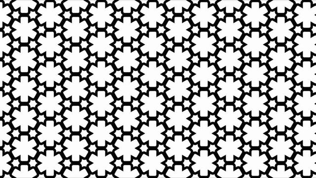 Seamless pattern of interlocking black and white geometric shapes in a repeating design