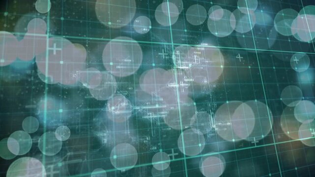 Layered HUD starting via diagonal pan, drifting bokeh, sliding grid, flickering lines showing data