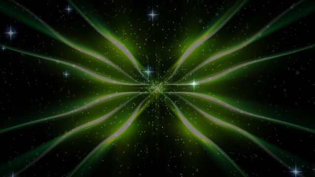 Green filaments animating in starfield, core brightening, ribbons pulsing, forming eight lobes