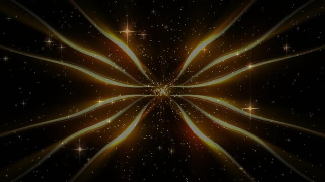 Central knot pulsing, golden ribbons undulating outward and curling back to form radial bloom